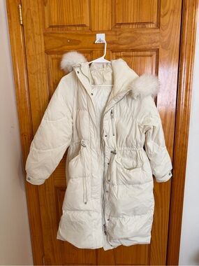 Cream Puffer Coat with Fur Trim